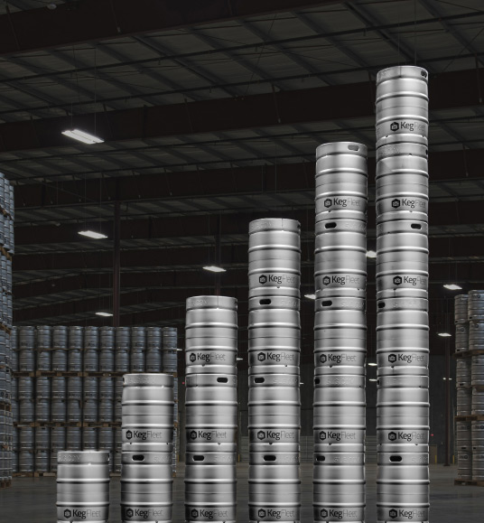 Six towers of kegs stacked vertically