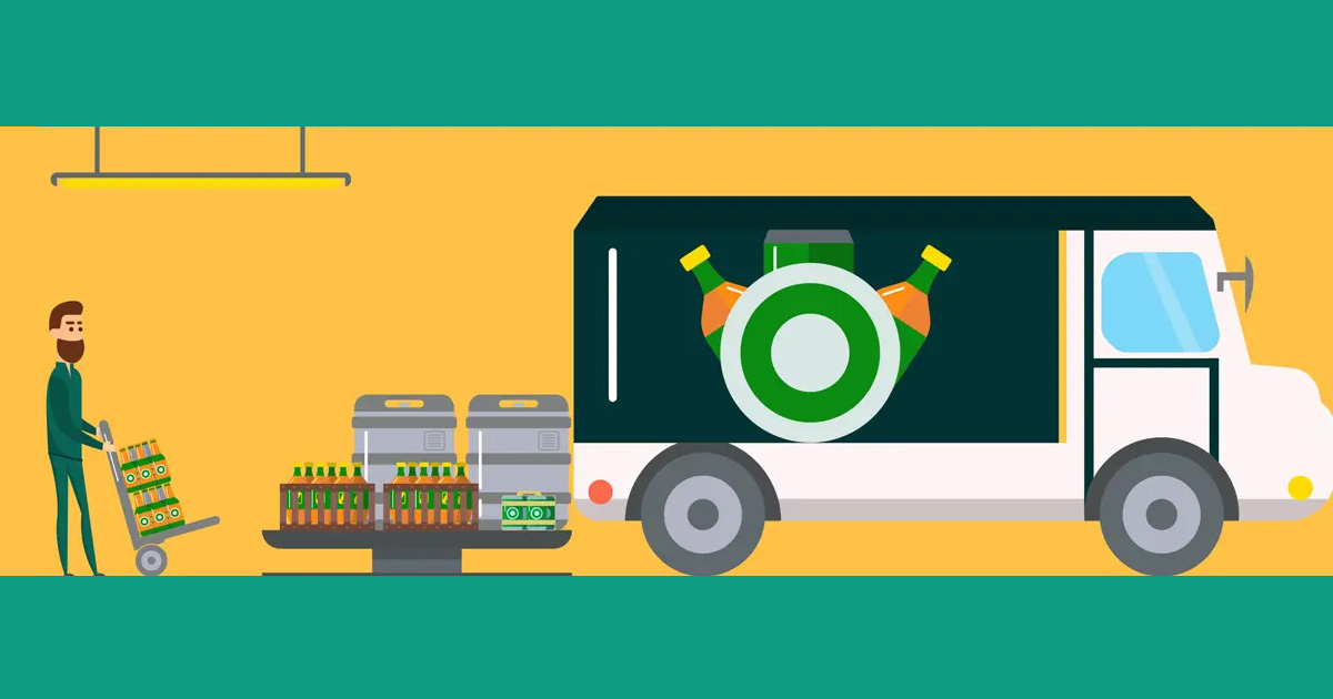 Illustration of man loading kegs onto a truck